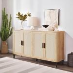 Mid Century Modern Rattan Sideboard Buffet Cabinet 4 Door Storage Cabinet with Adjustable Shelf