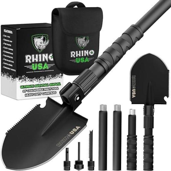 Rhino USA Survival Shovel w/Pick - Heavy Duty Carbon Steel Military Style Entrenching Tool for Off Road, Camping, Gardening, Beach, Digging Dirt, Sand, Mud & Snow.