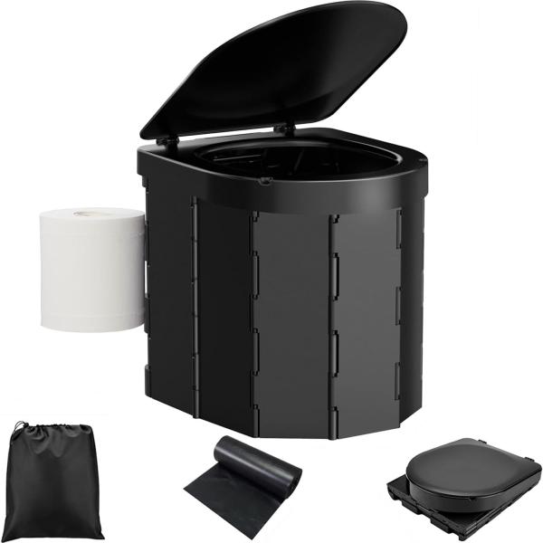 Portable Camping Toilet Folding Toilet for Adults with Lid, Retractable Toilet Paper Holder, Waterproof Porta Potty, and Carry Bag