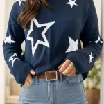 Star Round Neck Long Sleeve Sweater