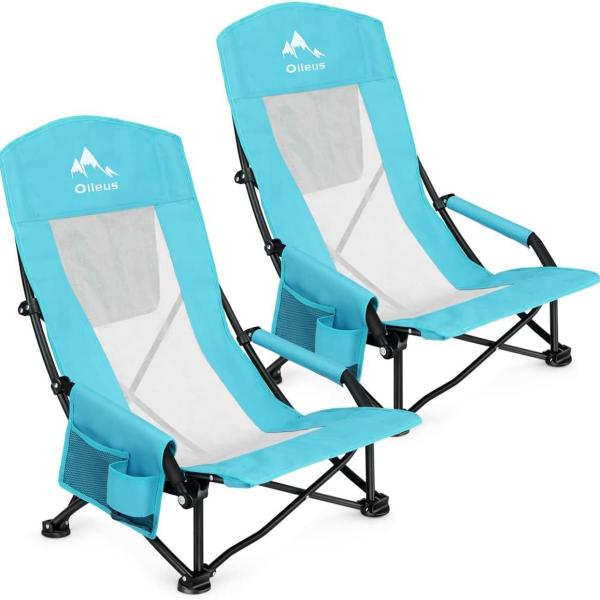 Oileus Folding Portable Beach Chair, High Back Low Seat Lightweight Chairs for Beach Tent & Shelter & Camping| Cup Holder| Storage Bag| Carry Bag | Armrest 2 Pcs