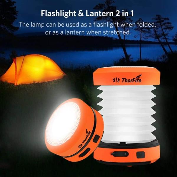 ThorFire LED Camping Lantern - 2-in-1 Collapsible Flashlight & Lantern, USB Rechargeable & Hand Crank Emergency Light