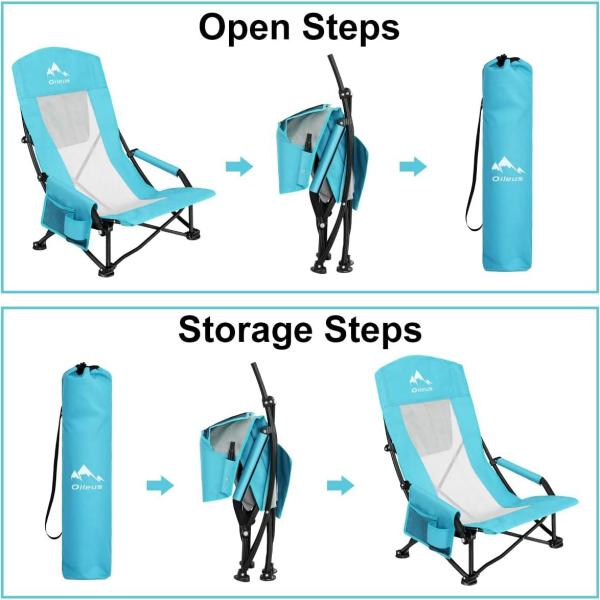 Oileus Folding Portable Beach Chair, Lightweight High Back Low Seat for Tent & Shelter & Camping, Full Mesh Back, Cup Holder, Storage/Carry Bag, Armrest - 1 Pcs