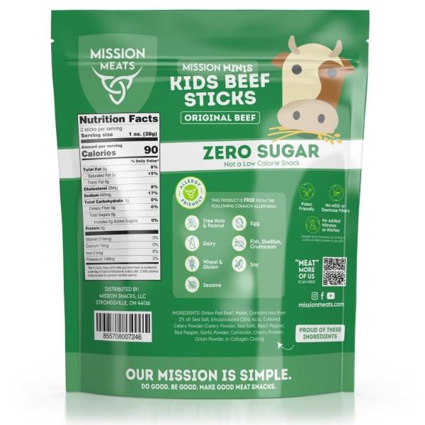 Mission Meats Kids Mini Original Beef Sticks 100% Grass-Fed Beef Zero Sugar Clean Ingredients Gluten-Free Allergy-Friendly 24 Sticks (12 oz)