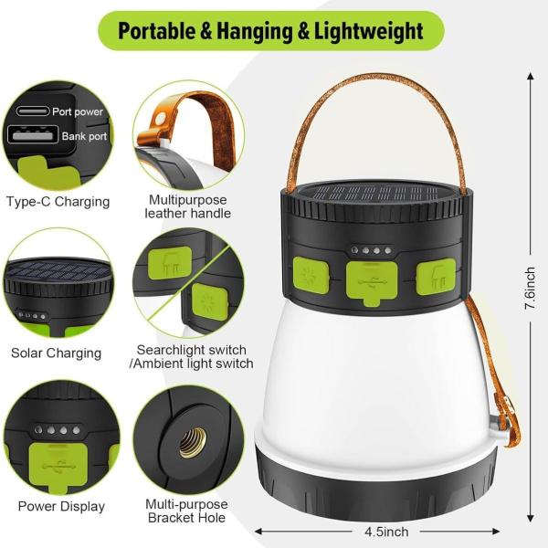 LED Camping Lantern, 1500 Lumens Camping Lantern Rechargeable with Solar Panel Charging, Waterproof, 8 Light Modes, 7500mAh Power Bank, Hiking, Green&Brown