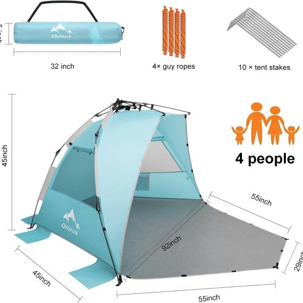 Oileus X-Large 4 Person Beach Tent Sun Shelter - Portable Sun Shade Instant Tent for Beach with Carrying Bag,  Anti UV for Fishing Hiking Camping, Waterproof Windproof, Sky Blue