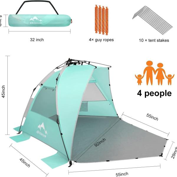 Oileus X-Large 4 Person Beach Tent Sun Shelter - Portable Sun Shade Instant Tent for Beach with Carrying Bag, Anti UV for Fishing Hiking Camping, Waterproof