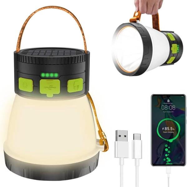 LED Camping Lantern, 1500 Lumens Camping Lantern Rechargeable with Solar Panel Charging, Waterproof, 8 Light Modes, 7500mAh Power Bank, Hiking, Green&Brown