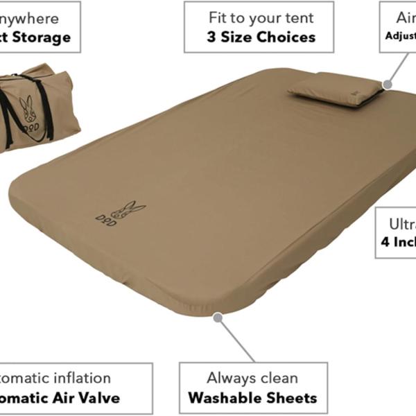 DOD Soto Sleeping Pad for Camping - Extra Thick Self-Inflating Camping - Mattress and Camping Pillow - Tan - Small