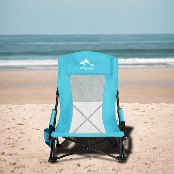 Oileus Folding Portable Beach Chair, Lightweight High Back Low Seat for Tent & Shelter & Camping, Full Mesh Back, Cup Holder, Storage/Carry Bag, Armrest - 1 Pcs