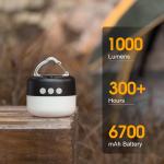 LED Camping Lantern Rechargeable 1000LM, Up to 300H Running Time Camping Tent Light, 6700mAh Emergency Hanging Light for Hurricane, Power Outages, Home, Hiking, Water-Resistant, Black