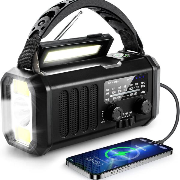 10000mAh Crank Radio, Emergency Radio, Solar Radio, NOAA/AM/FM Weather Radio, USB Type-C Charging,  Torch & LED Reading Light, SOS Alarm, Compass for Camping