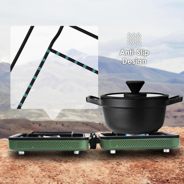 2 Burner Camping Stove with Carrying Bag, Foldable Propane Camp Stove with 17, Portable Gas Stove with Adjustable Burner for BBQ,Green with Windscreen