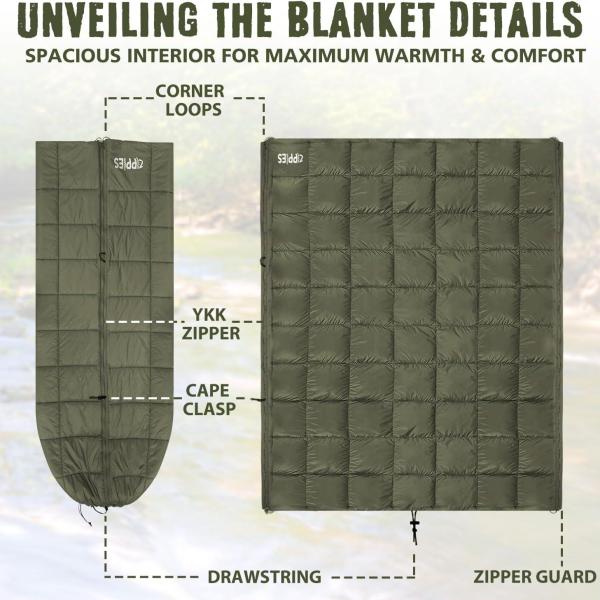 3M Thinsulate Insulation Puffy Camping Blanket for Cold Weather, Queen Size Warm Camping Quilt with Zipper, Waterproof Outdoor Sleeping Bag for Hammock