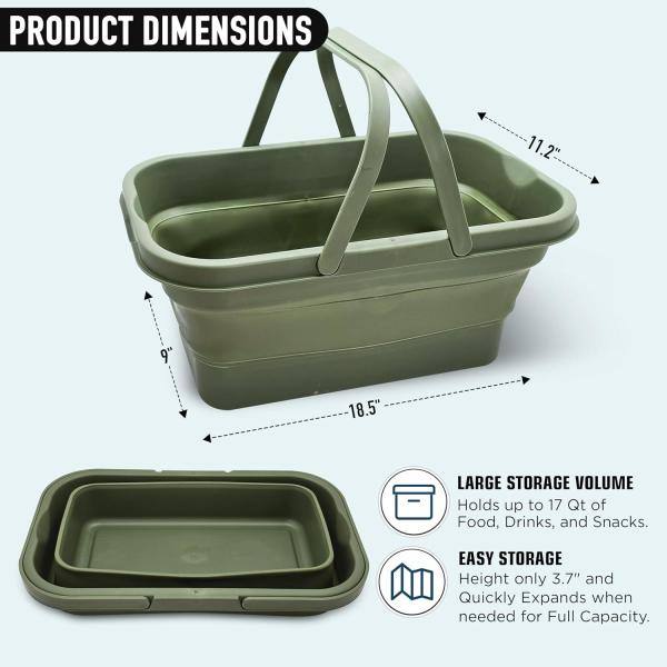 Collapsible Basket with Built-in Table, 17Qt Leak-Proof Foldable Bucket, Anti-Slip Pad, Anti-Collapse Supporter,  Camping, Fishing, Car Organizer, Wash, Green