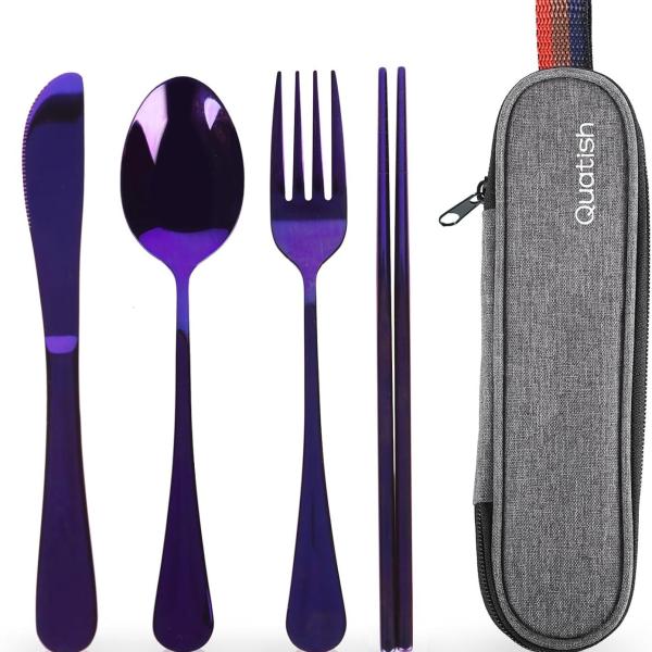 Travel Utensils with Case, Quatish Portable Silverware Set for Work, Stainless Steel Reusable Travel Cutlery Set, Fork and Spoon Set for Camping, Picnic, Gadgets