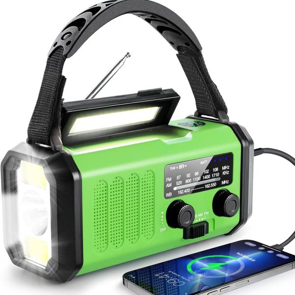 10000mAh Crank Radio, Emergency Radio, Solar Radio, NOAA/AM/FM Weather Radio, USB Type-C Charging,  Torch & LED Reading Light, SOS Alarm, Compass for Camping