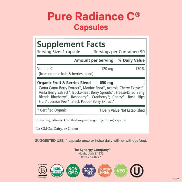 PURE SYNERGY Pure Radiance C Organic Vitamin C Capsules Immune & Collagen Support (90 Capsules)