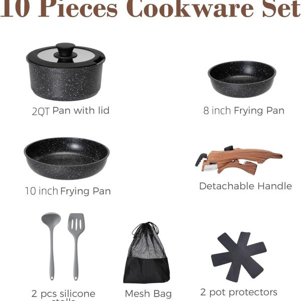 10 Pcs Pots and Pans Set Non Stick, Nonstick Kitchen Cookware Sets Detachable Handle, Induction Pots and Pans Set with Removable Handle, RV Cookware Set for Camping,