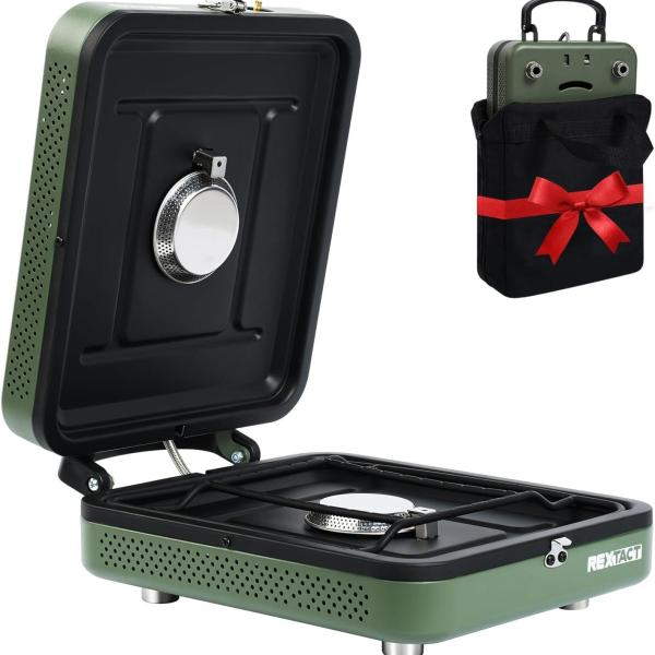 2 Burner Camping Stove with Carrying Bag,Windscreen&Table, Foldable Propane Camp Stove with 17, Portable Gas Stove with Adjustable Burner for BBQ,Green