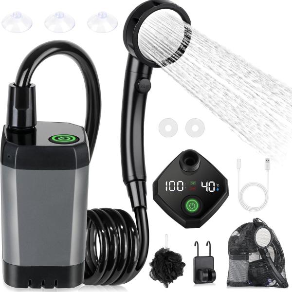 Portable Shower for Camping, [Long-Lasting] Spopal 6000mAh Rechargeable Camping Shower with Intelligent LED Display, 4 Spray Modes,