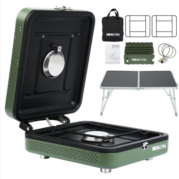 2 Burner Camping Stove with Carrying Bag,Windscreen&Table, Foldable Propane Camp Stove with 17, Portable Gas Stove with Adjustable Burner for BBQ,Green