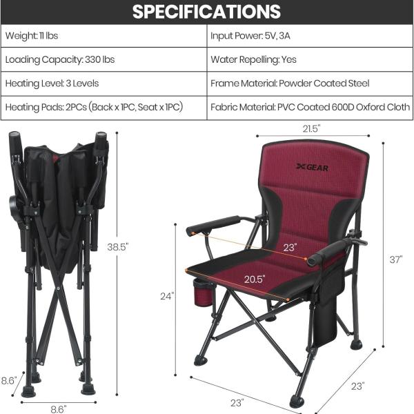 XGEAR Heated Camping Chair Fully Padded Heated Portable Chair, Perfect for Winter Camping, Outdoor Sports, Picnics. Battery NOT Included