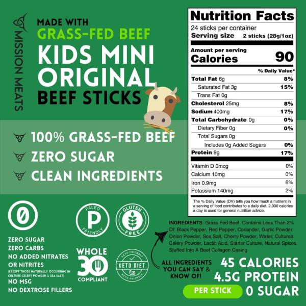 Mission Meats Kids Mini Original Beef Sticks 100% Grass-Fed Beef Zero Sugar Clean Ingredients Gluten-Free Allergy-Friendly 24 Sticks (12 oz)