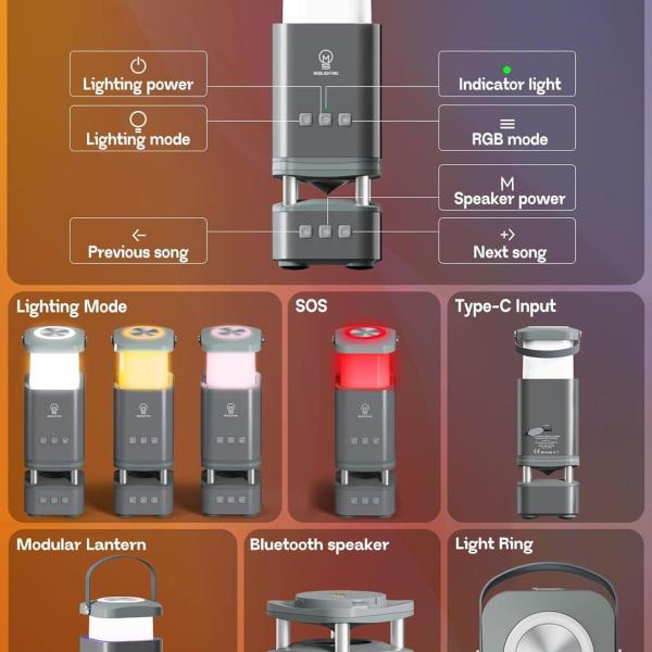 LED Camping Lantern Rechargeable, LED Lanterns with Bluetooth Speaker, RGB Camping Light, 10000mAh Power Bank, 4 Lighting Modes, IP44 Waterproof,