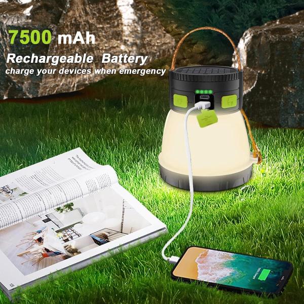 LED Camping Lantern, 1500 Lumens Camping Lantern Rechargeable with Solar Panel Charging, Waterproof, 8 Light Modes, 7500mAh Power Bank, Hiking, Green&Brown