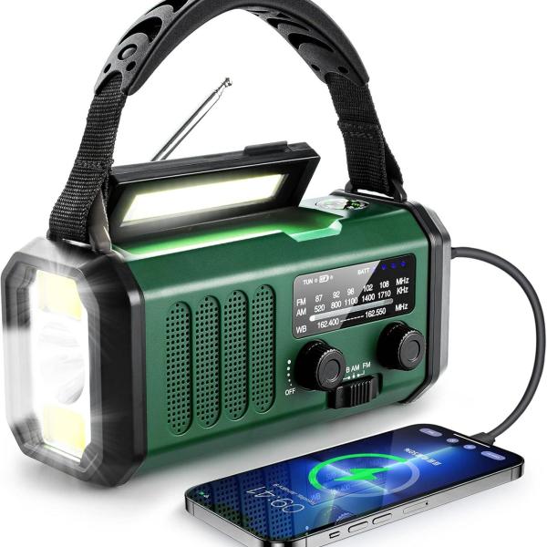 10000mAh Crank Radio, Emergency Radio, Solar Radio, NOAA/AM/FM Weather Radio, USB Type-C Charging,  Torch & LED Reading Light, SOS Alarm, Compass for Camping