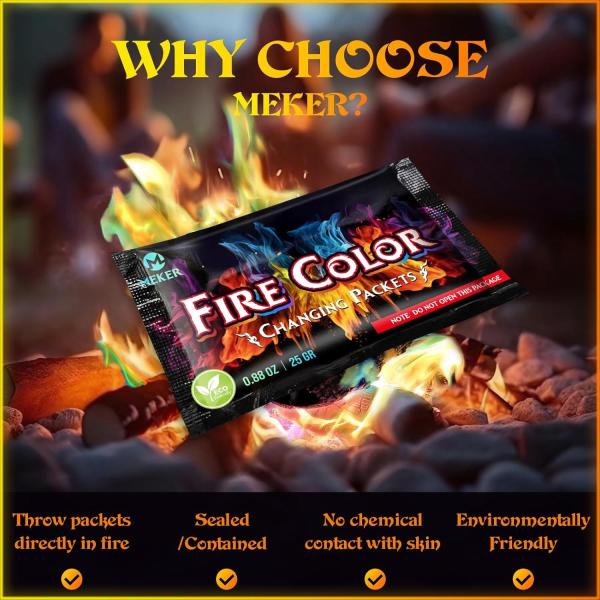 MEKER Fire Color Changing Packets - Fire Pit, Campfires,Bonfire - Magic Colorful Changing Fire - Perfect Fire Camping Accessories for Kids & Adults (48 Pack)