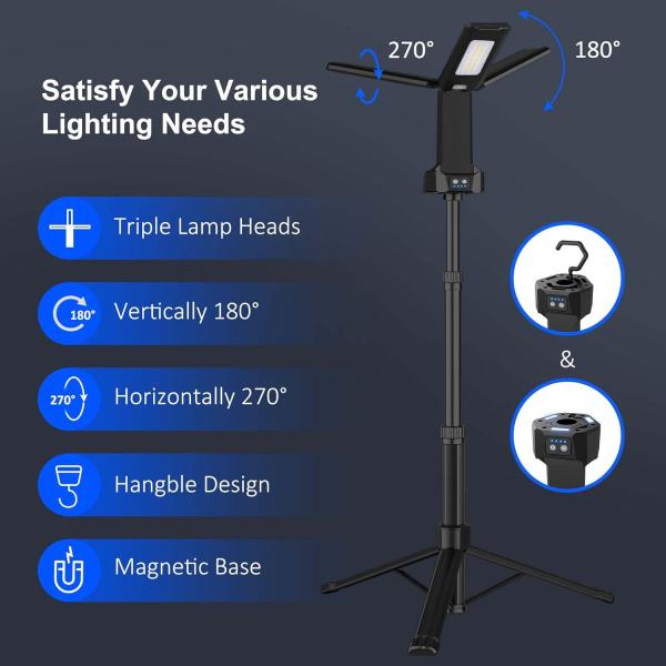 Rechargeable LED Work Light with Stand, 67" Tall Portable Cordless Work Light with 3 Adjustable Heads, 8AH Battery, 500/1500/2500 Lumens, 4000K/6500K Dimmable Camping Light (Carrying Bag Included)