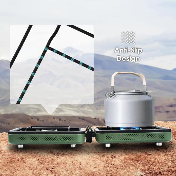 2 Burner Camping Stove with Carrying Bag,Windscreen&Table, Foldable Propane Camp Stove with 17, Portable Gas Stove with Adjustable Burner for BBQ,Green