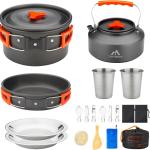 17pcs Camping Cookware Kit, 0.45Gal Pot, 7inches Pan,0.30Gal Kettle Set with 2 Set Stainless Steel Cups Plates Forks Knives Spoons for Hiking,Camping,Backpacking,Outdoor Cooking and Picnic