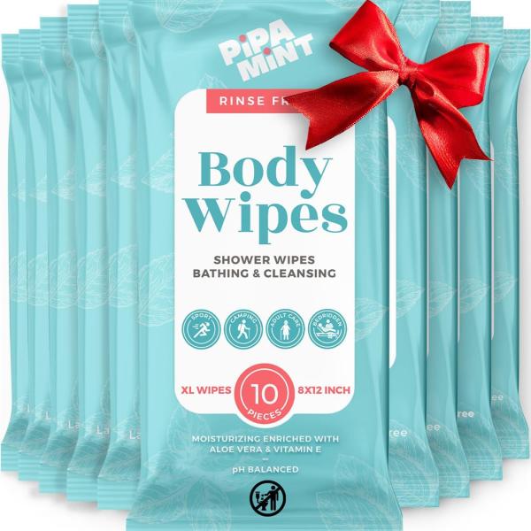 Body Wipes (10 Packs) 100 XL Shower Wipes Body Wipes for Adults Bathing, Traveling, Camping, Gym, Car, Adult Wipes for Elderly, Bedridden - Bath Wipes