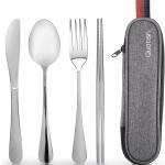 Travel Utensils with Case, Quatish Portable Silverware Set for Work, Stainless Steel Reusable Travel Cutlery Set, Fork and Spoon Set for Camping, EDC Gadgets, Silver