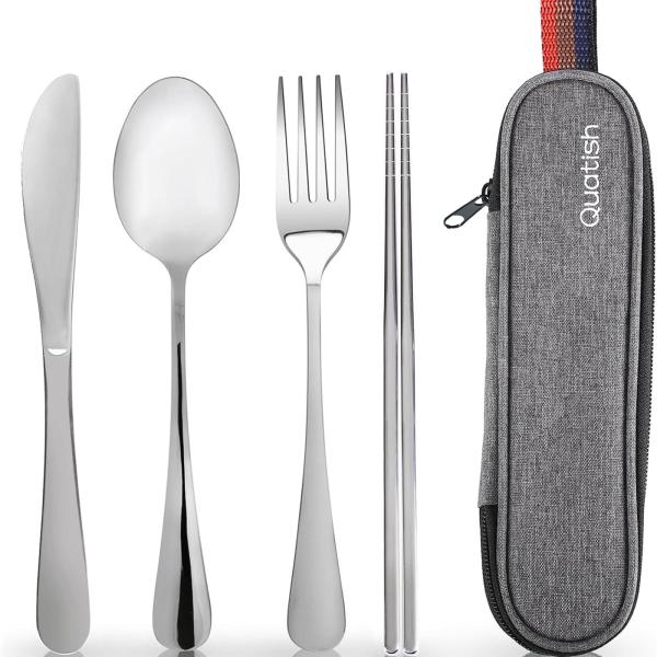 Travel Utensils with Case, Quatish Portable Silverware Set for Work, Stainless Steel Reusable Travel Cutlery Set, Fork and Spoon Set for Camping, EDC Gadgets, Silver