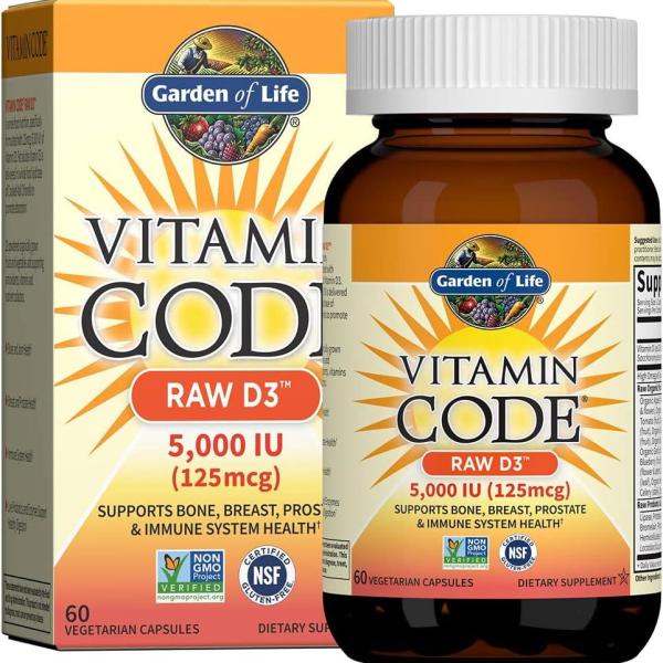 Garden of Life Vitamin Code RAW Vitamin D3 5,000 IU 125 mcg Whole Food Supplement with Probiotics & Enzymes 60 Vegetarian Capsules