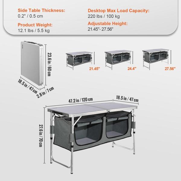 VEVOR Camping Kitchen Station, 3 Adjustable Height Folding Outdoor Camp Cooking Table with Storage Organizer, Quick Set-up for Patio BBQ Picnic Glamping Traveling