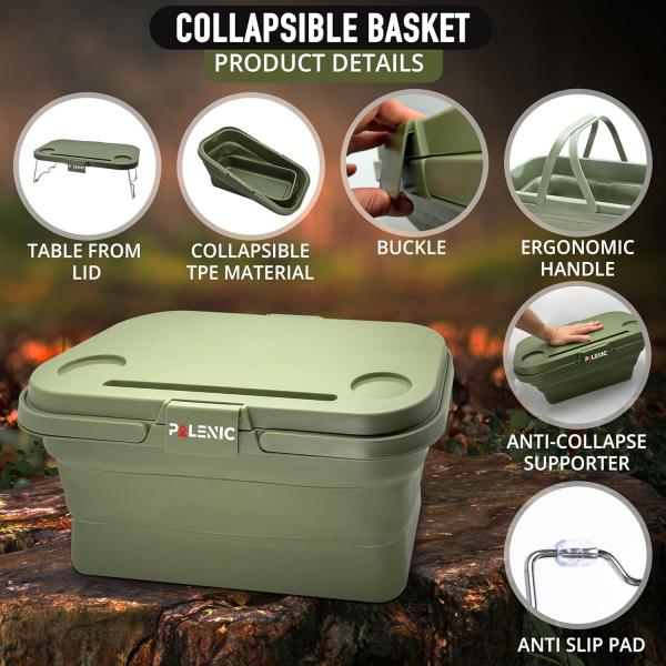 Collapsible Basket with Built-in Table, 17Qt Leak-Proof Foldable Bucket, Anti-Slip Pad, Anti-Collapse Supporter,  Camping, Fishing, Car Organizer, Wash, Green