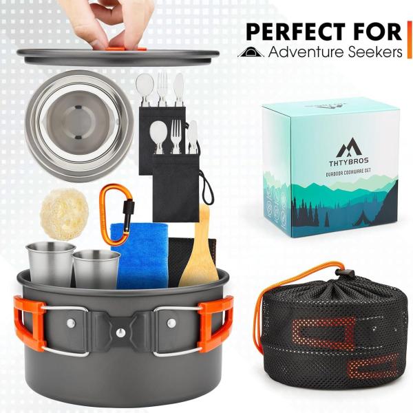 17pcs Camping Cookware Kit, 0.45Gal Pot, 7inches Pan,0.30Gal Kettle Set with 2 Set Stainless Steel Cups Plates Forks Knives Spoons for Hiking,Camping,Backpacking,Outdoor Cooking and Picnic