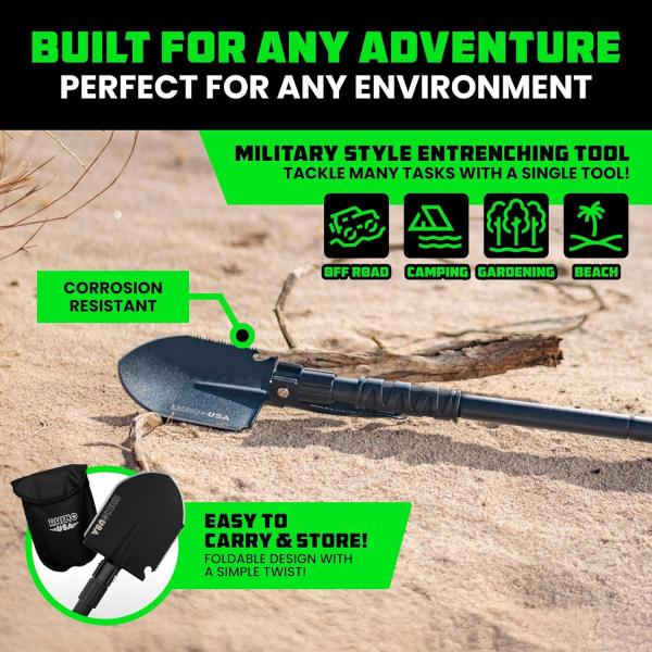 Rhino USA Survival Shovel w/Pick - Heavy Duty Carbon Steel Military Style Entrenching Tool for Off Road, Camping, Gardening, Beach, Digging Dirt, Sand, Mud & Snow.