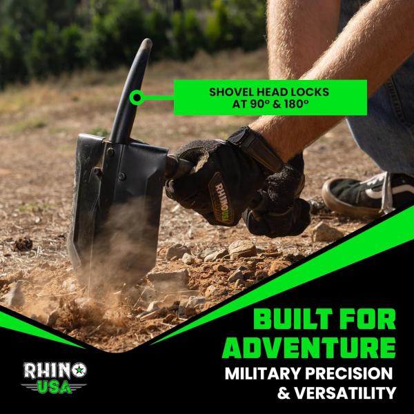 Rhino USA Survival Shovel w/Pick - Heavy Duty Carbon Steel Military Style Entrenching Tool for Off Road, Camping, Gardening, Beach, Digging Dirt, Sand, Mud & Snow.