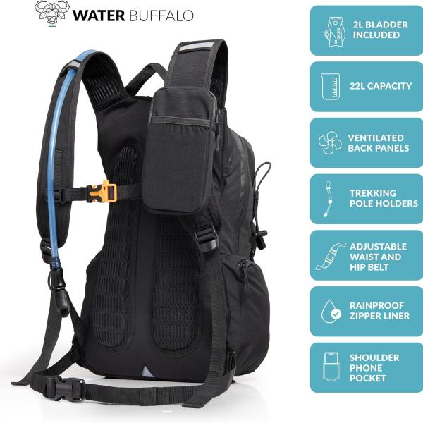 Water Buffalo Hydration Backpack Sherpa 22L Hiking Backpack with Water Bladder Waterproof Zippers Phone & Trekking Pole Holders