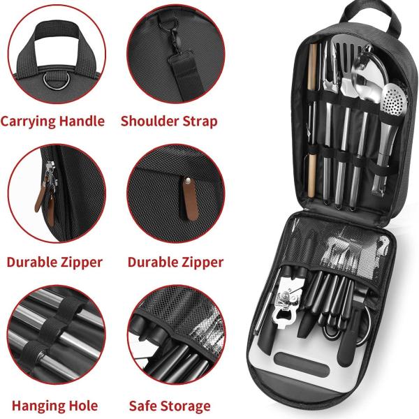 Portable Camping Kitchen Utensil Set-27 Piece Cookware Kit, Stainless Steel Outdoor Cooking and Grilling Utensil Organizer Travel Set Perfect for Travel, Picnics, RVs, Camping