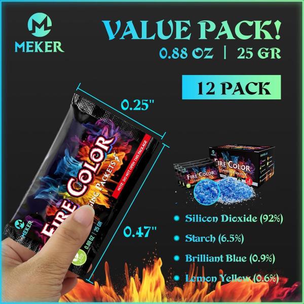 MEKER Fire Color Changing Packets - Fire Pit, Campfires,  Bonfire - Magic Colorful Changing Fire - Perfect Fire Camping Accessories for Kids & Adults (12 Pack)