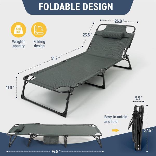 ropoda Camping Cot, Adjustable 4-Position Folding Cot with Cozy Mattress, Lawn Chair Camping Cots for Adults with Durable Fabric and Steel Frame, Spare Bed, Patio