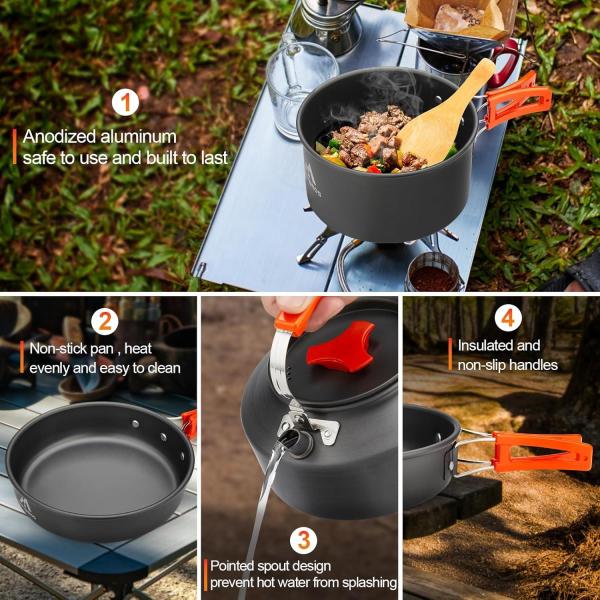 17pcs Camping Cookware Kit, 0.45Gal Pot, 7inches Pan,0.30Gal Kettle Set with 2 Set Stainless Steel Cups Plates Forks Knives Spoons for Hiking,Camping,Backpacking,Outdoor Cooking and Picnic