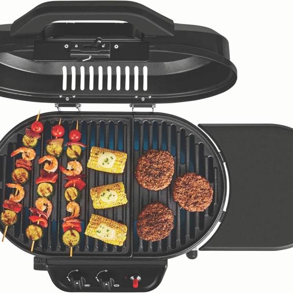 Coleman RoadTrip 225 Portable Stand-Up Propane Grill, Gas Grill with Push-Button Starter, Folding Legs & Wheels, Side Table, & 11,000 BTUs of Power for Camping,